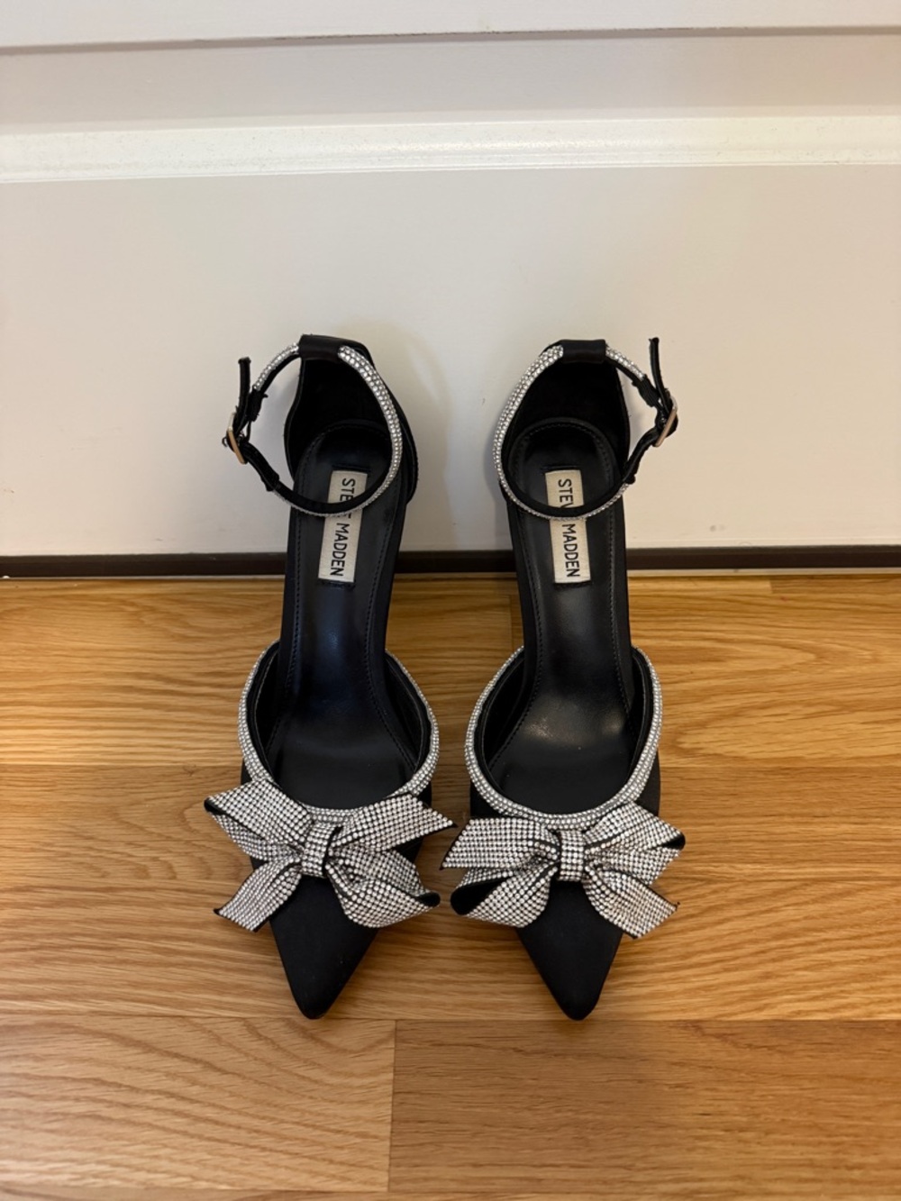 Steve Madden Black Pointed Ankle-Strap Pumps with Crystal Bow Trim